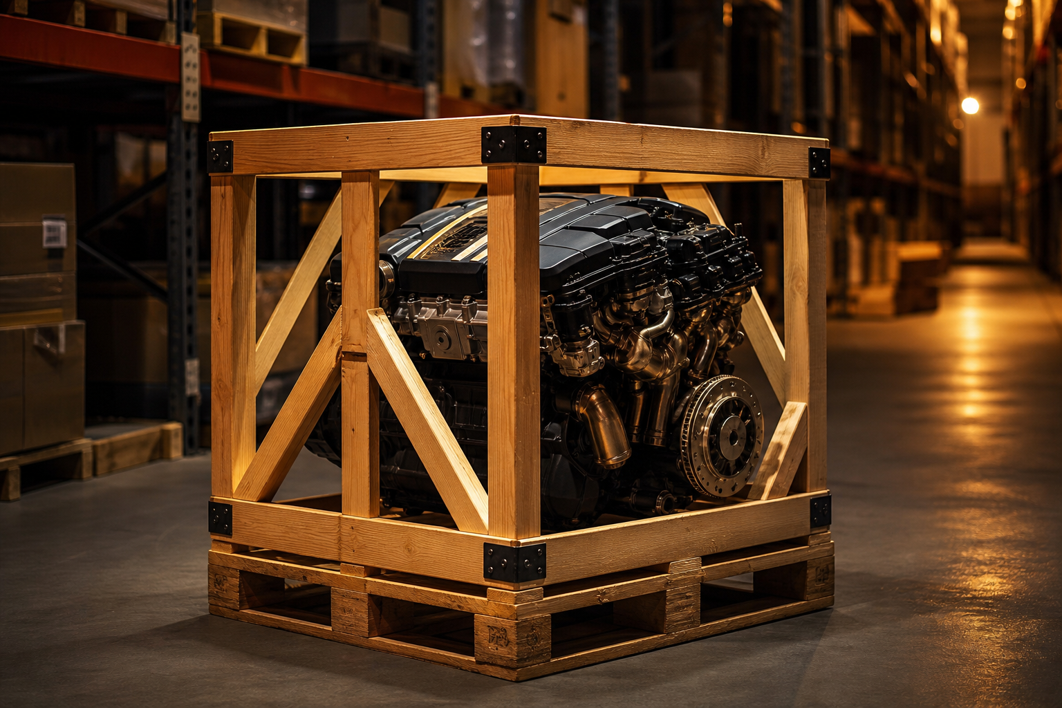 BMW engine crated on a pallet ready for secure EU freight