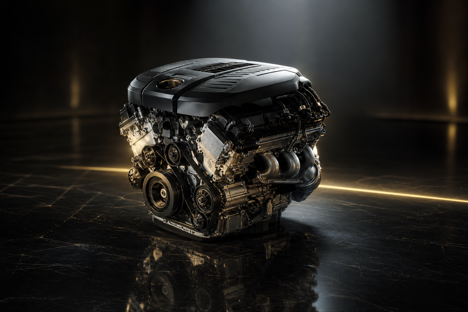 Warranty-backed BMW engine presented in a dark showroom