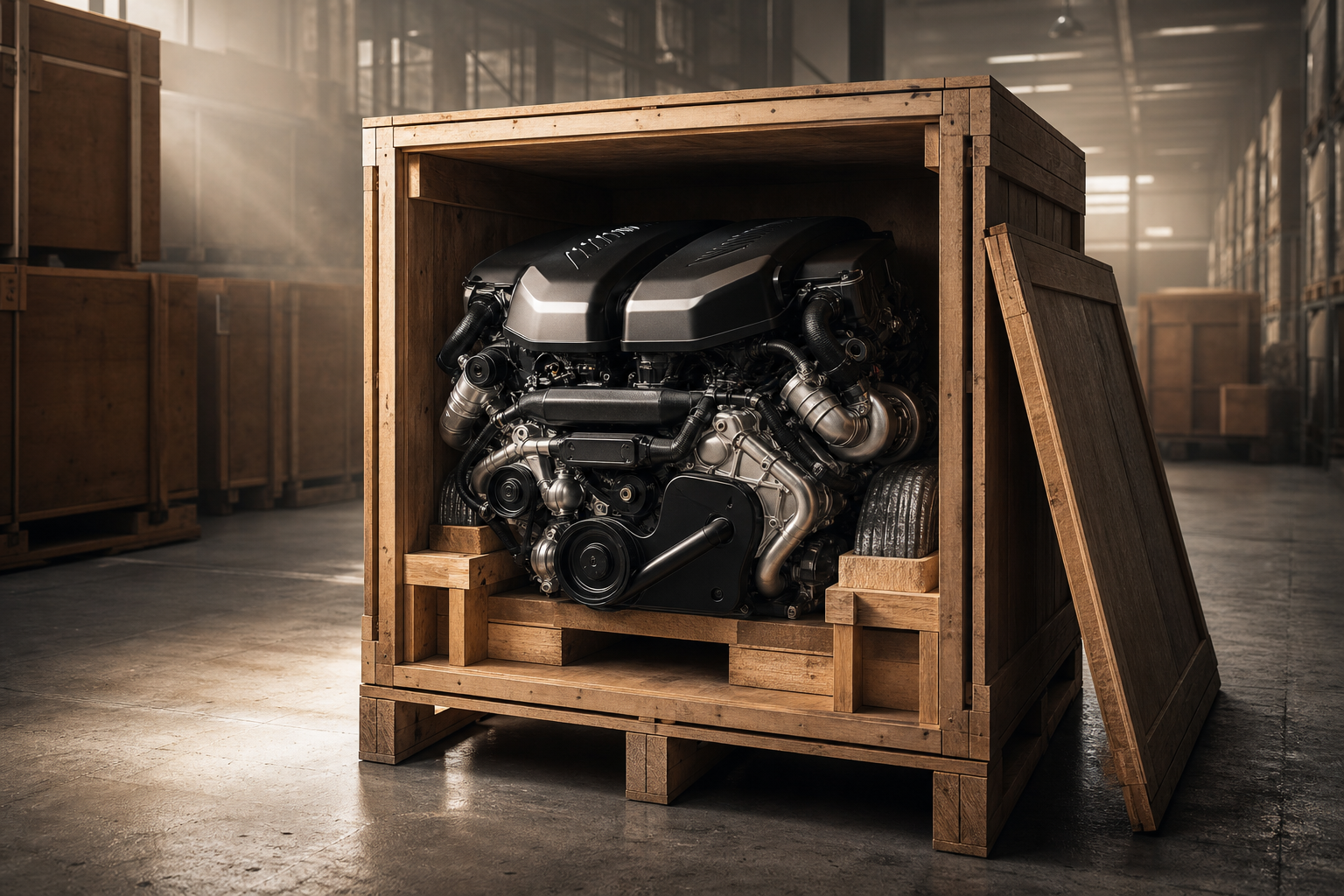 BMW engine crated on pallet for European freight shipping